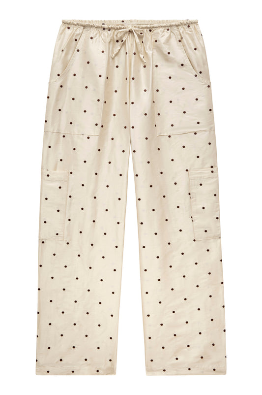 DONNI The Silk Taffeta Cargo Pant Creme with Walnut Polka Dots - pant available at Hiptique boutique in Woodland Hills California