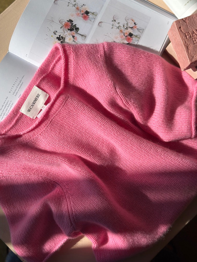 W. Cashmere Ophelia Short Sleeve Sweater - hot pink cashmere sweater on model