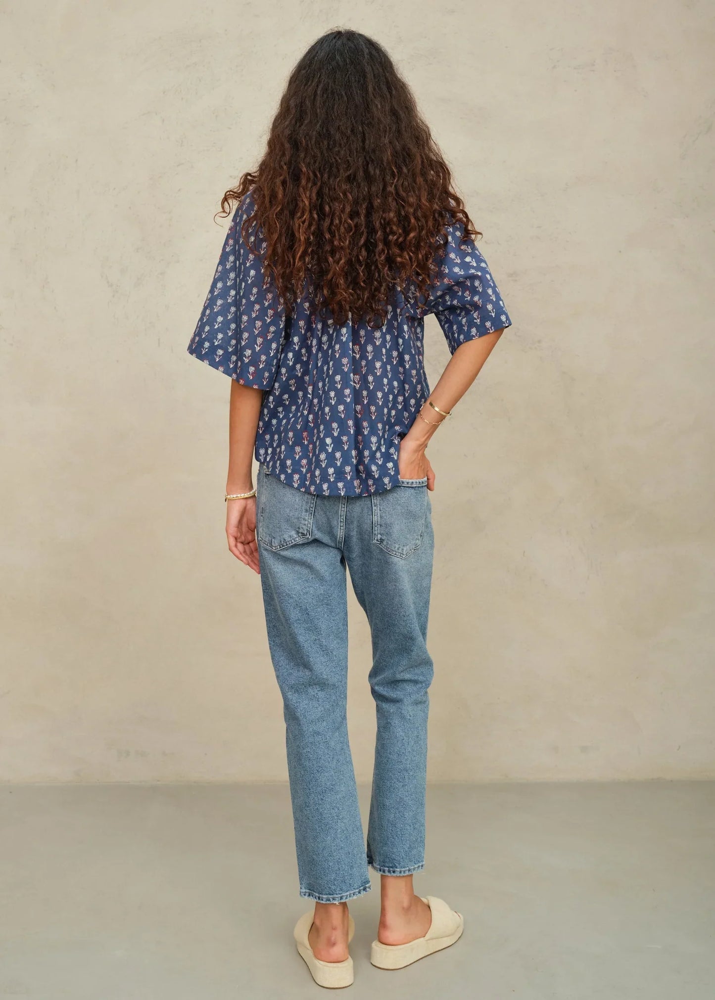 M.A.B.E Ari Print Gathered Top Indigo - top available at Hiptique boutique in Woodland Hills California