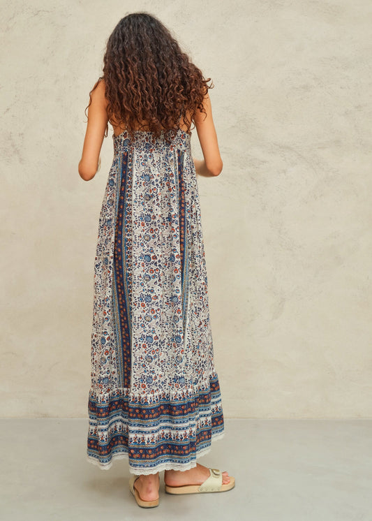 MABE Cass Print Maxi Dress Indigo Rust - lifestyle available at Hiptique boutique in Woodland Hills California