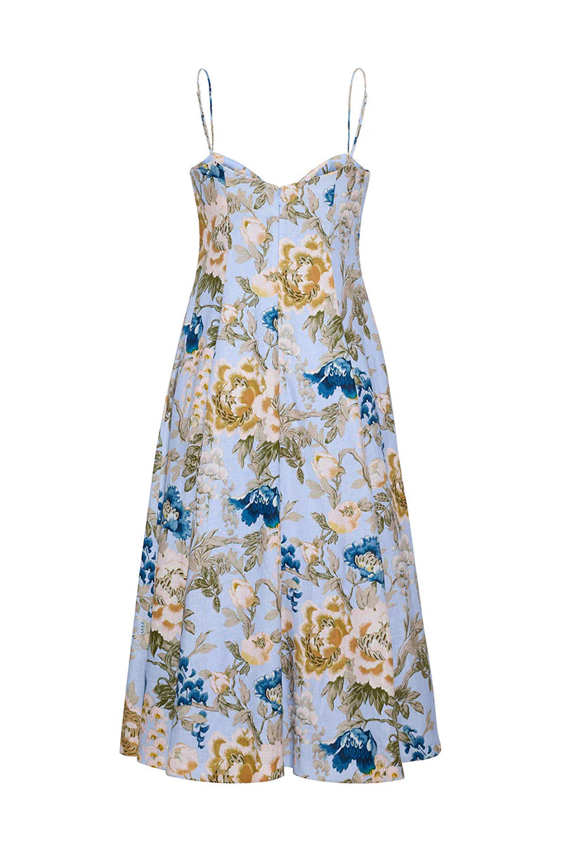 Cara Cara Cherry Dress - Flora Meadow Light Blue midi dress back view