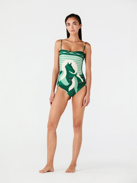 Juan de Dios Las Balsas One Piece Green Horses - women's one-piece swimsuit available at Hiptique boutique in Woodland Hills California