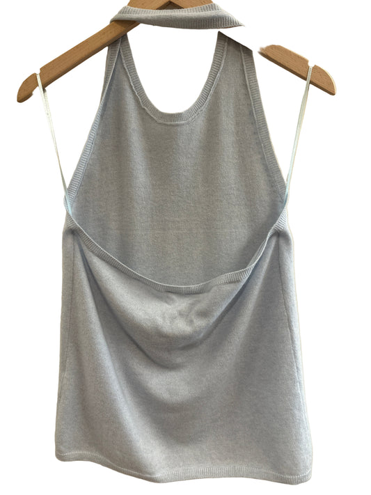 Blue Cashmere tank top on a hanger against a neutral background