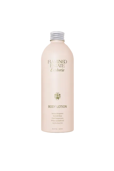 Body lotion bottle with 'Fishing Estate' branding on a light gray background