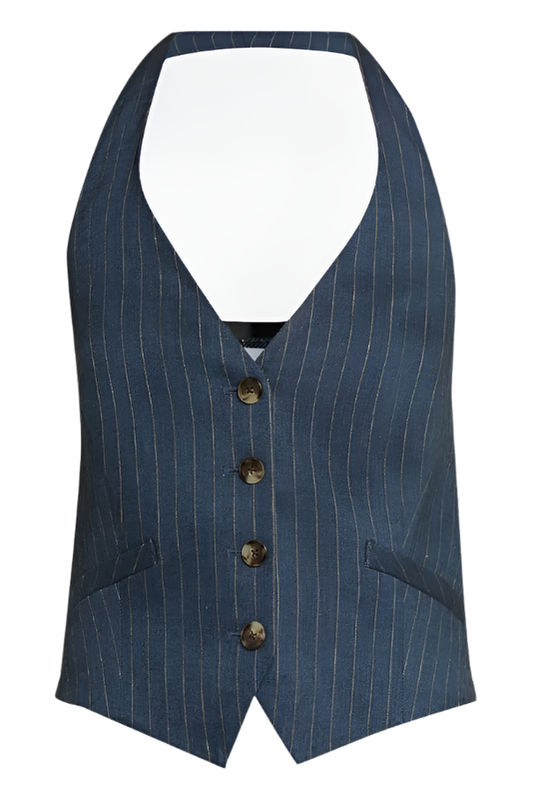 Blue pinstripe vest with buttons on a white background
