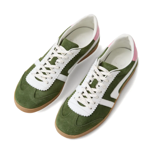 Green sneakers with white laces on a white background