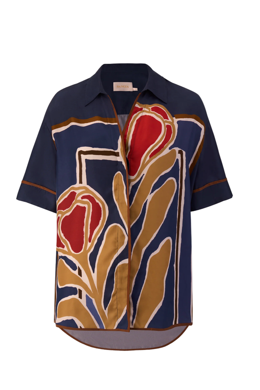 Navy shirt with floral pattern on a white background