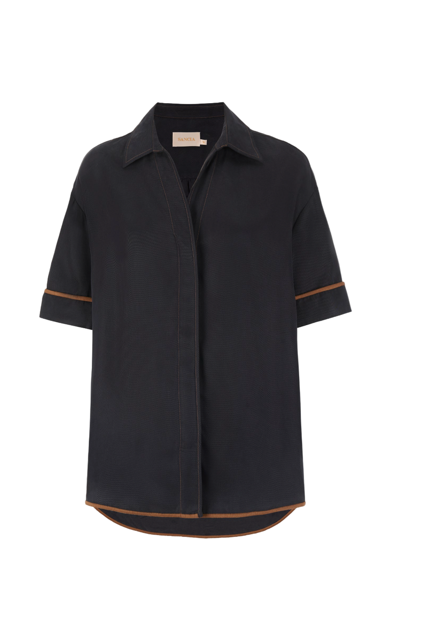 Black shirt with brown trim on a white background