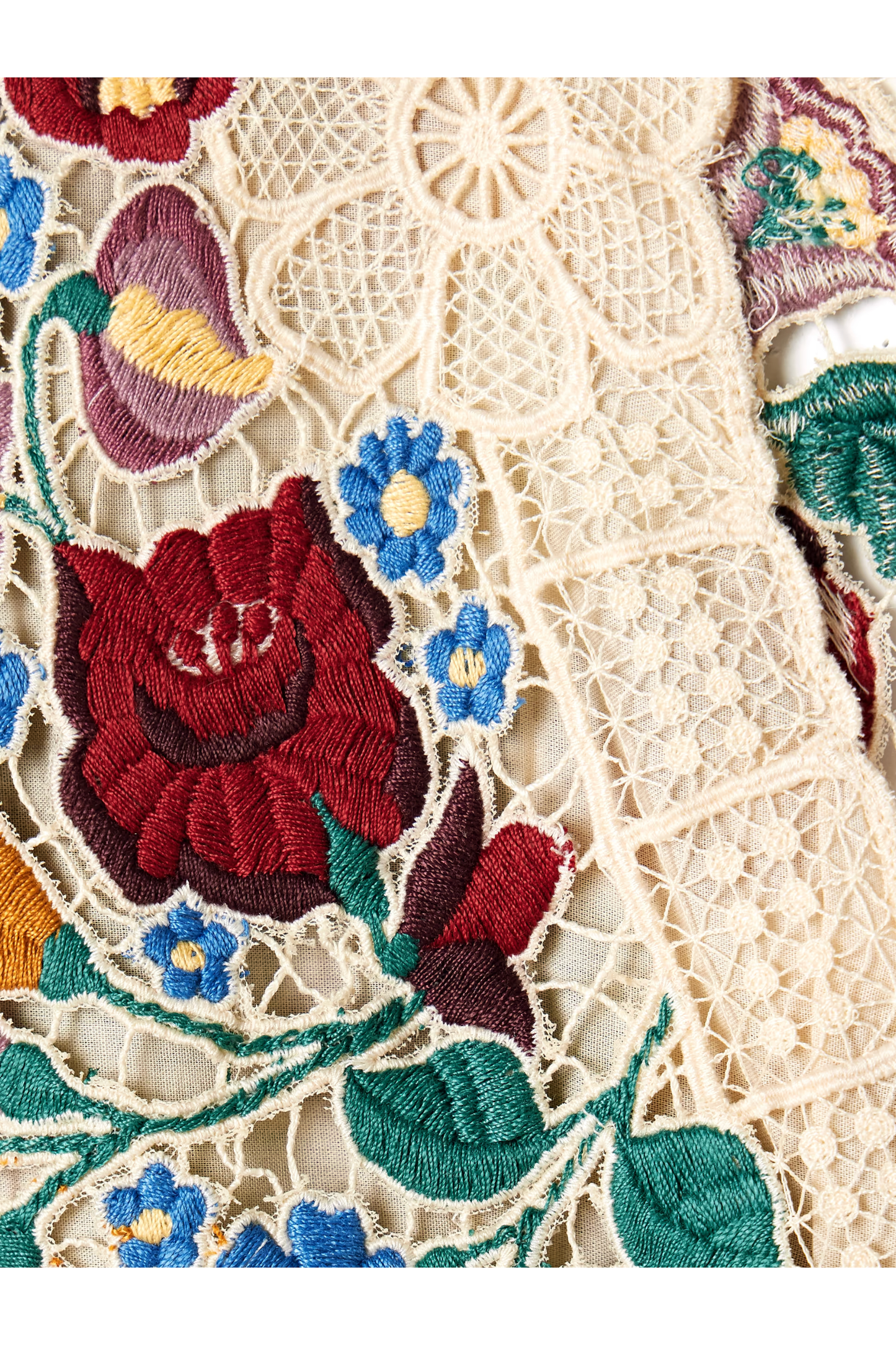 Close-up of intricate floral embroidery on a textured fabric background