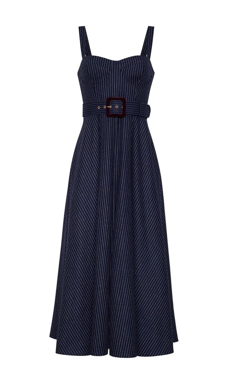 Navy pinstripe dress with a belt on a white background