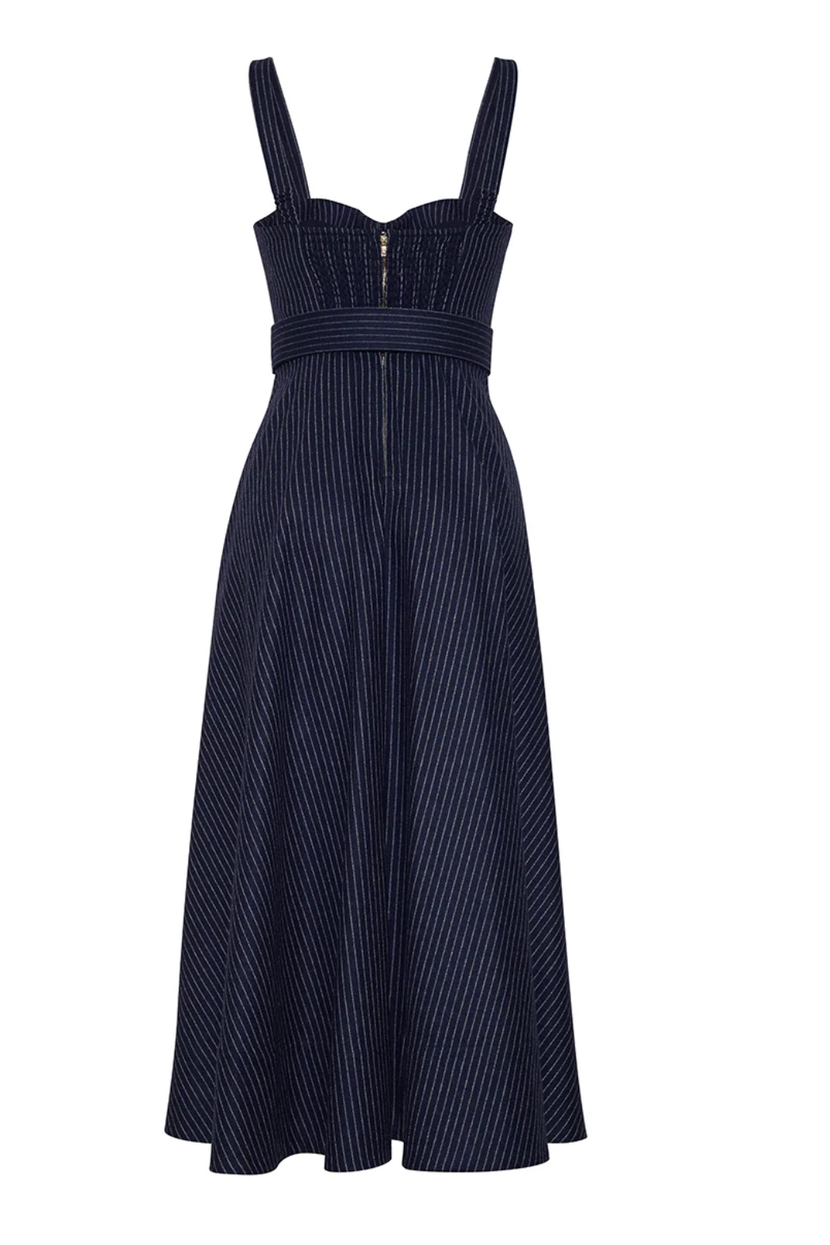 Navy pinstripe dress on a white background