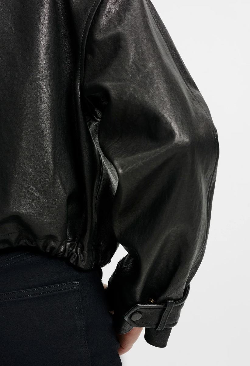 Black leather jacket up close
with a white background