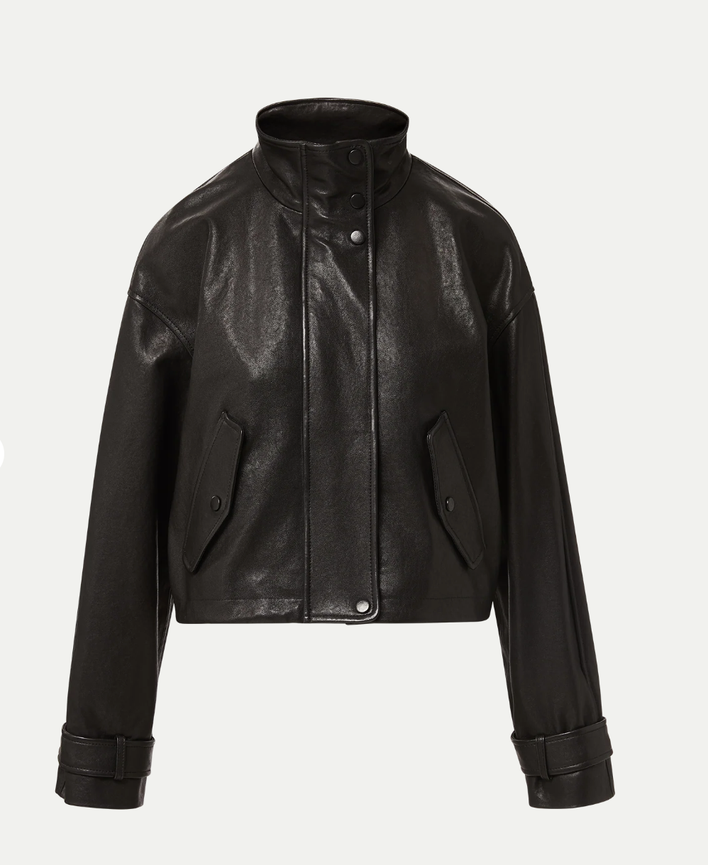 Black leather jacket on a light gray background