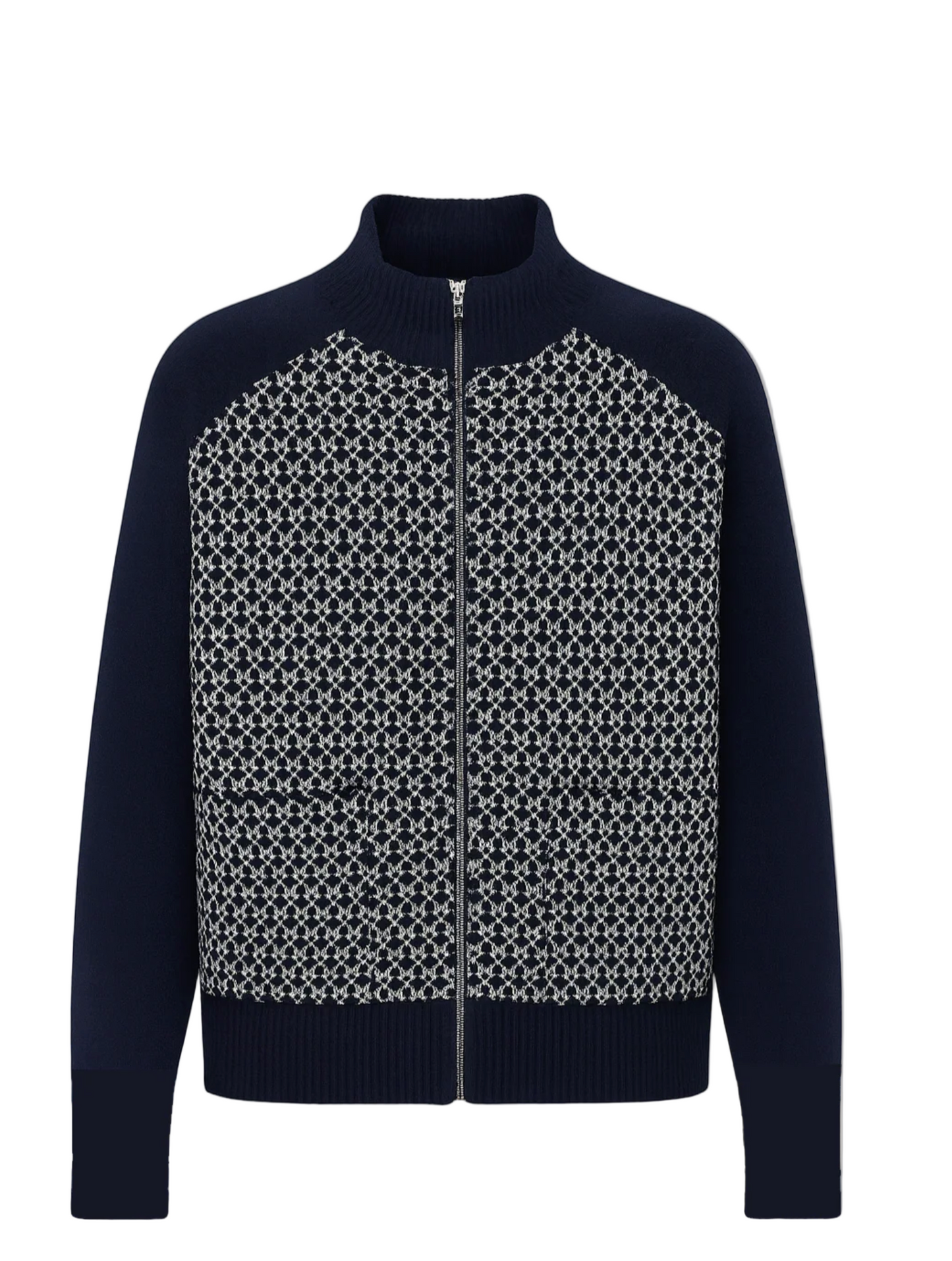 Navy blue jacket with a patterned front on a gray background
