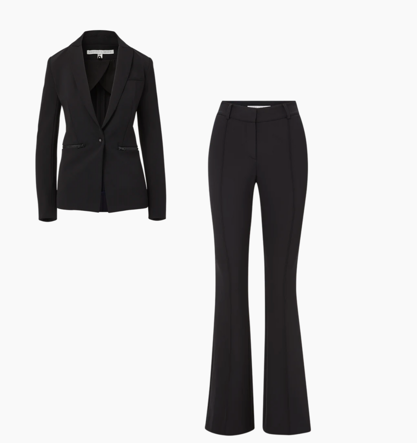 Black blazer and black pants on a white background