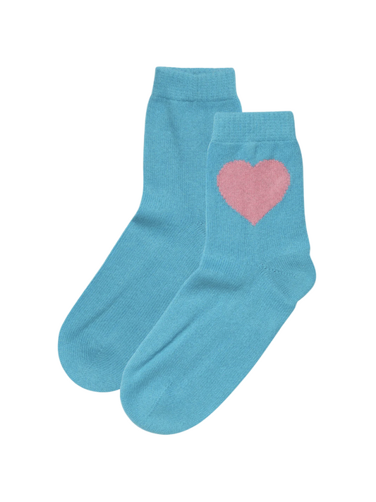 Blue socks with a pink heart on a white background