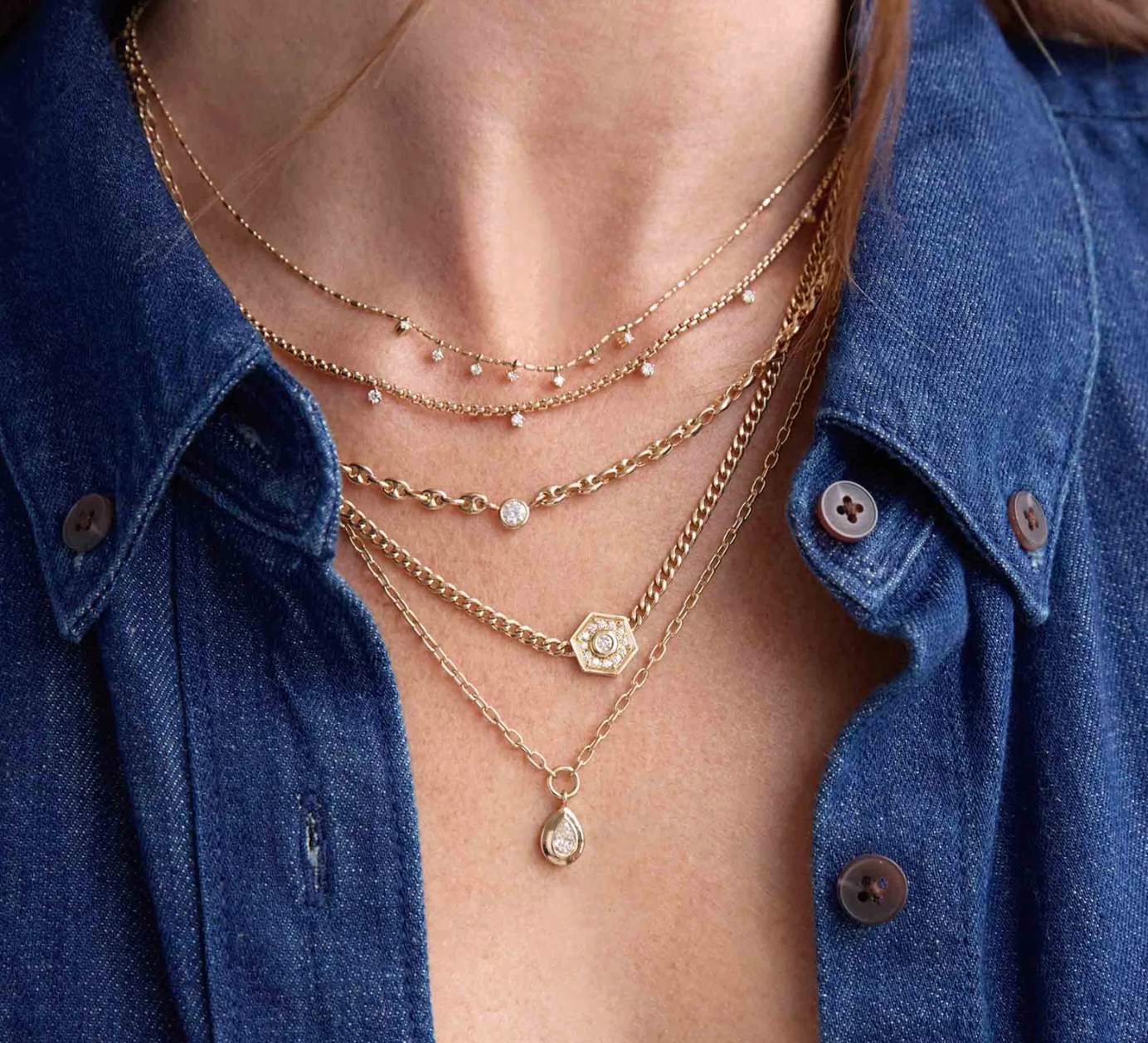 14K GOLD HEXAGON HALO NECKLACE