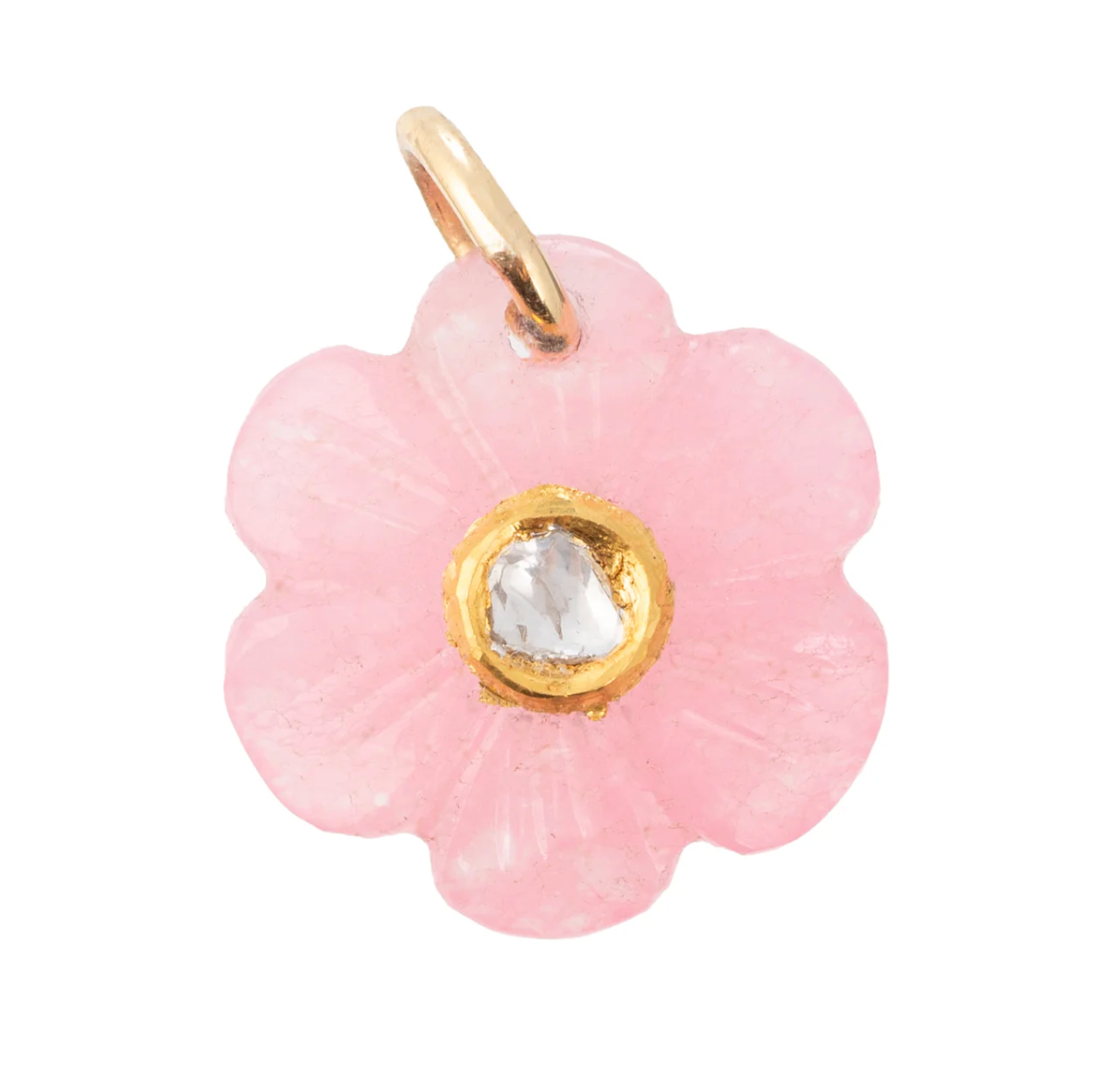 Zofia Day Petite Fleur Pink Agate Charm - Carved pink agate flower charm with bezel diamond center in 14K gold