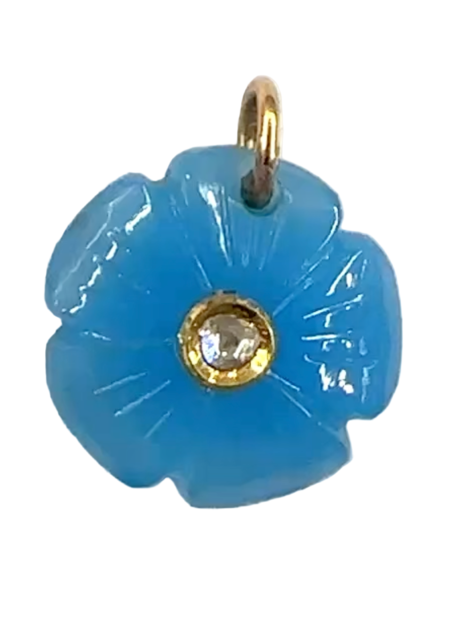 Two blue pendants, one shaped like a horseshoe and the other like a flower, on a white background.