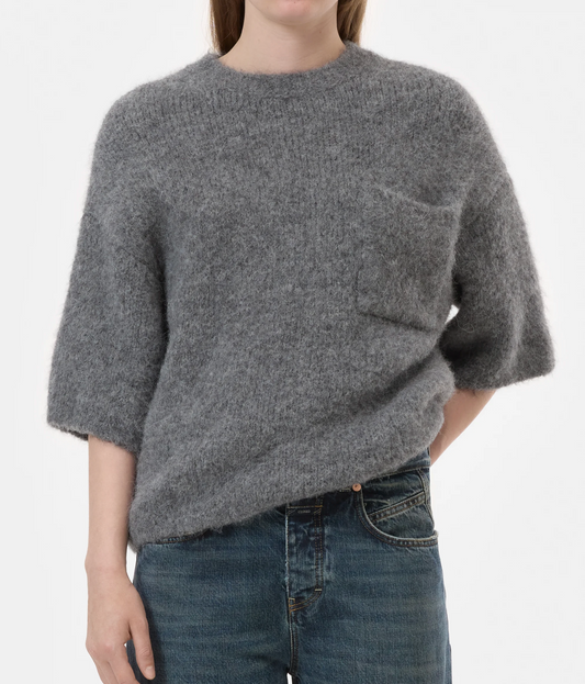 Closed Short Sleeve Knit Sweater - back view showing brushed alpaca knit texture