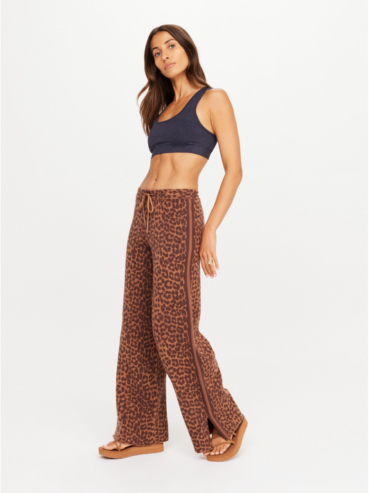 Woman wearing a leopard print pants and dark blue top on a white background