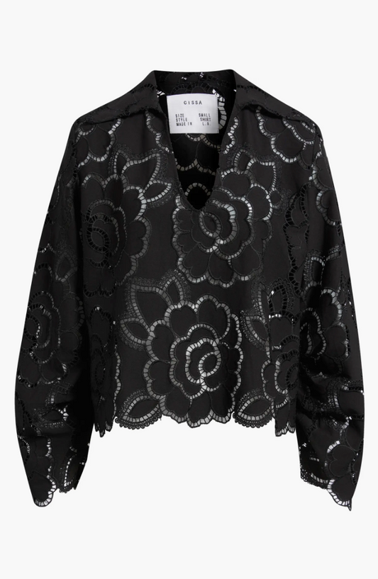 Black floral lace blouse with a brand tag on a white background
