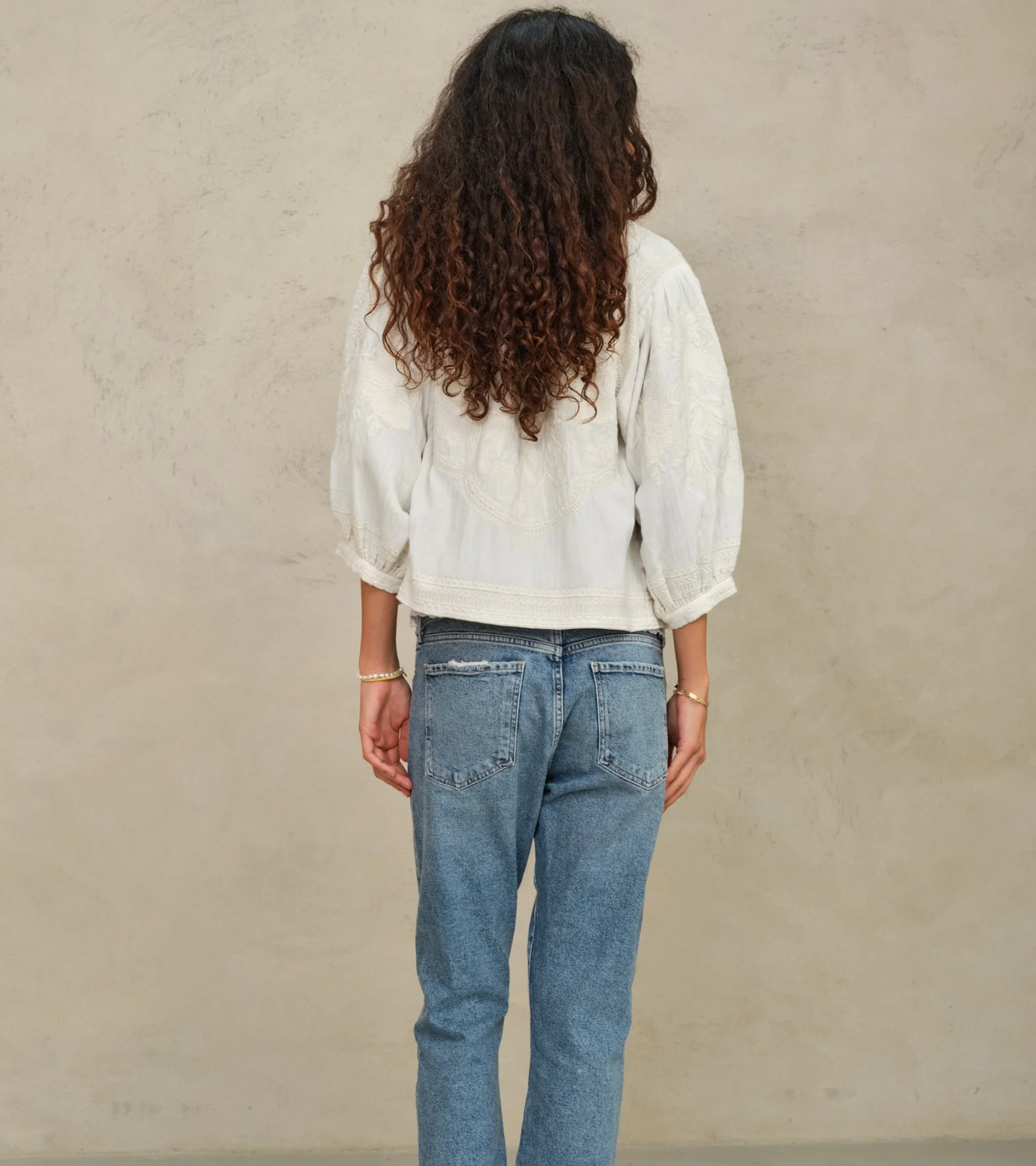 Mabe Averi Embroidered Jacket - hand-embroidered cotton jacket lifestyle view
