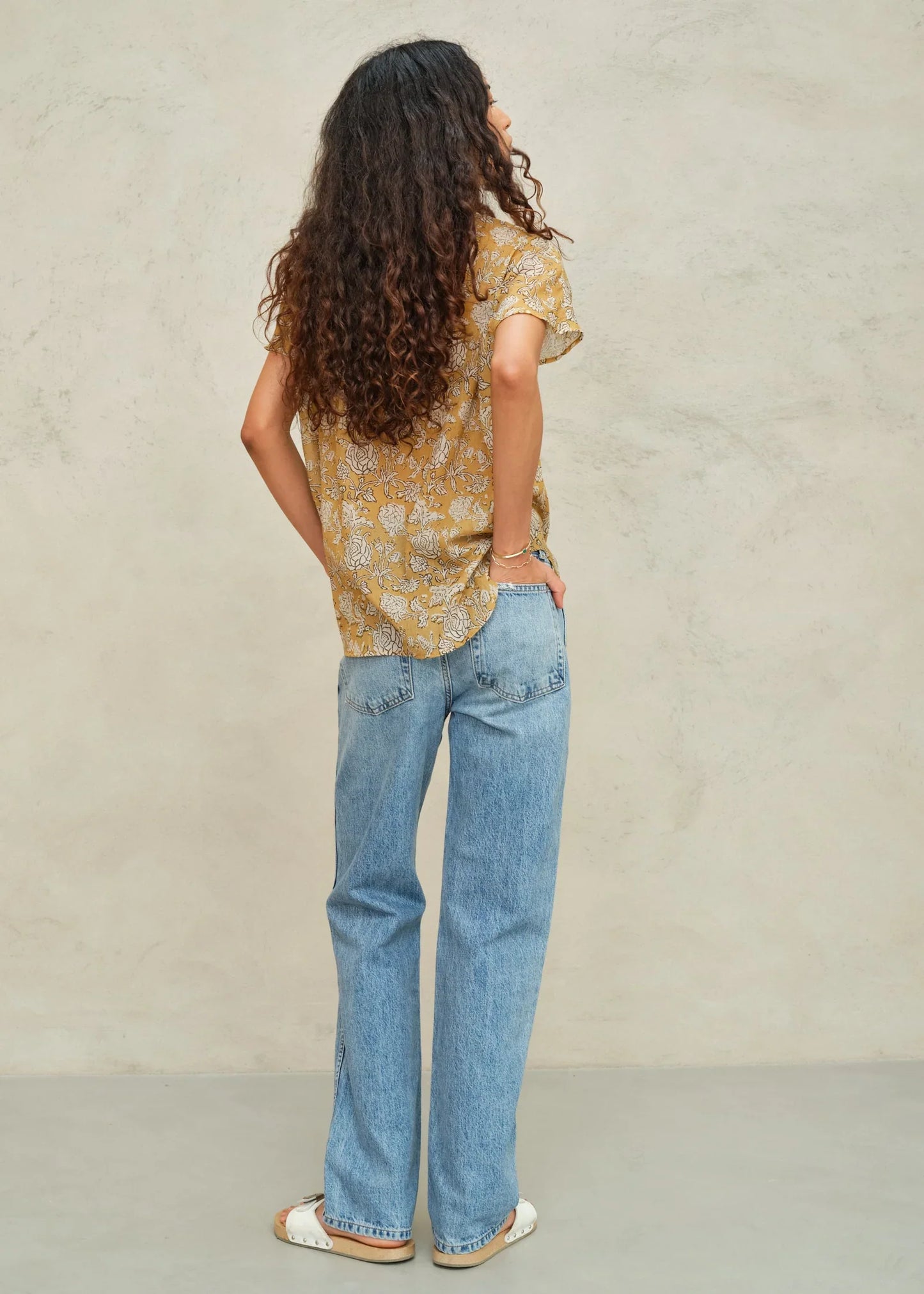 M.A.B.E Tulsi Print Short Sleeve Top Mustard - top available at Hiptique boutique in Woodland Hills California