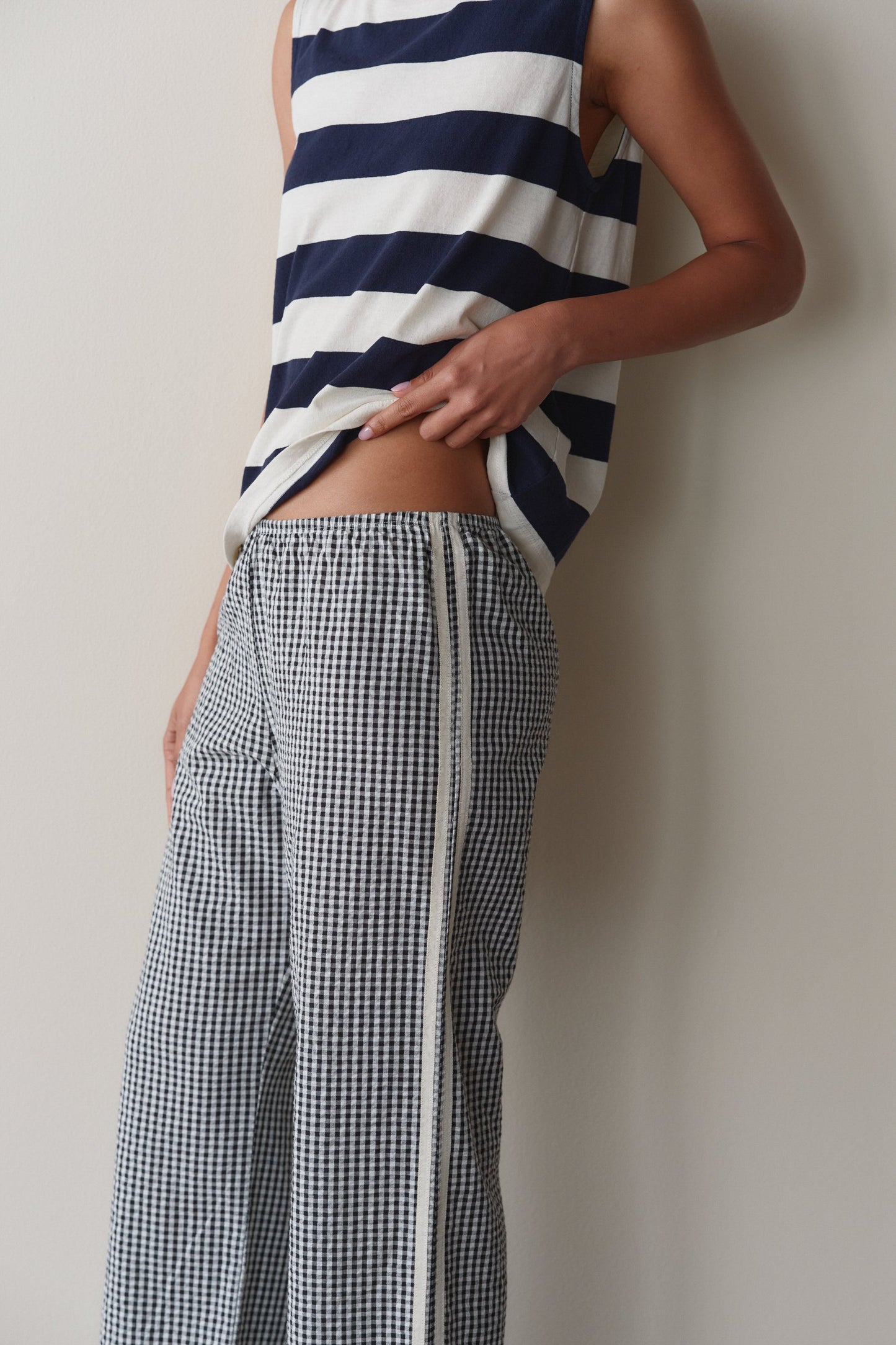 DONNI The Cotton Gingham Stripe Crop Pant Jet Black - pant available at Hiptique boutique in Woodland Hills California