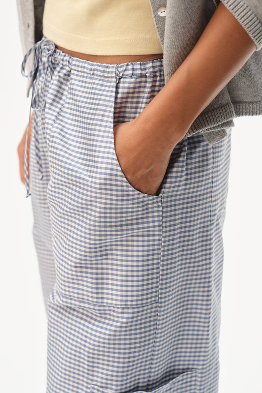DONNI The Taffeta Gingham Drawstring Cargo CornFlower - pant available at Hiptique boutique in Woodland Hills California