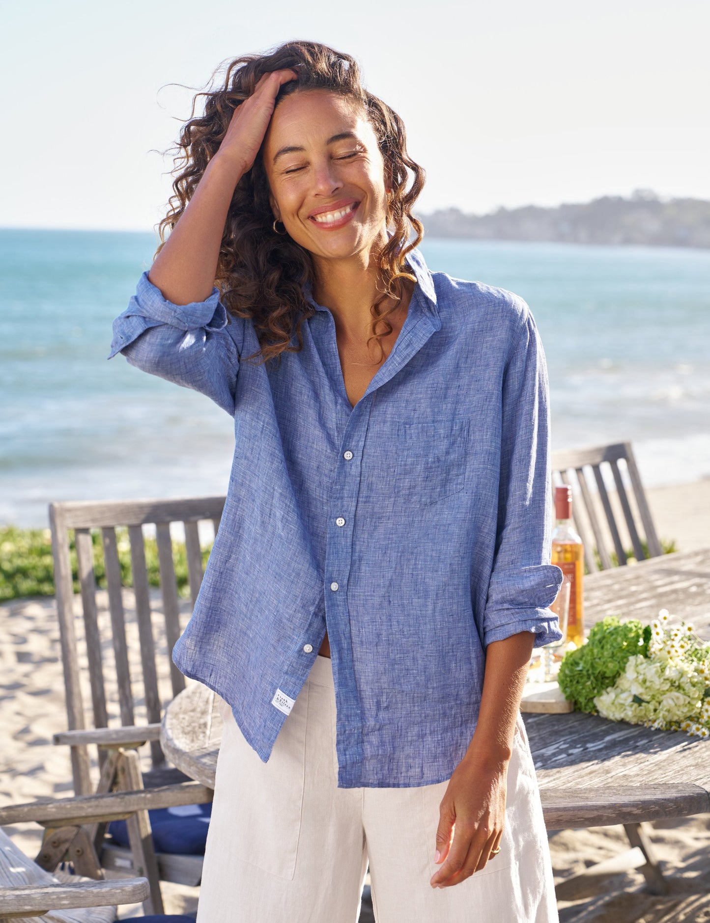 Frank & Eileen Eileen Linen Shirt Linen Blue - lifestyle available at Hiptique boutique in Woodland Hills California