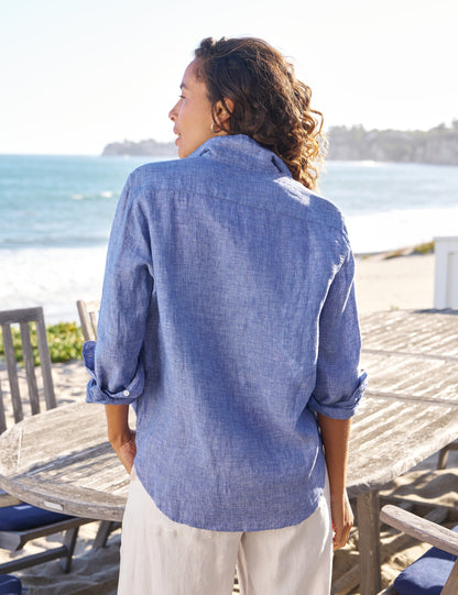 Frank & Eileen Eileen Linen Shirt Linen Blue - lifestyle available at Hiptique boutique in Woodland Hills California