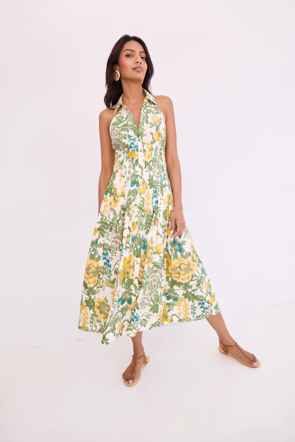 Cara Cara Rashida Dress - Flora Meadow Ivory halter midi shirtdress front view