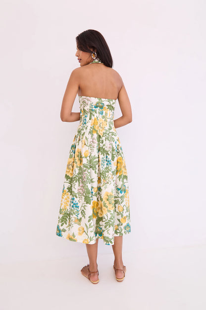 Cara Cara Rashida Dress - Flora Meadow Ivory halter midi shirtdress back view