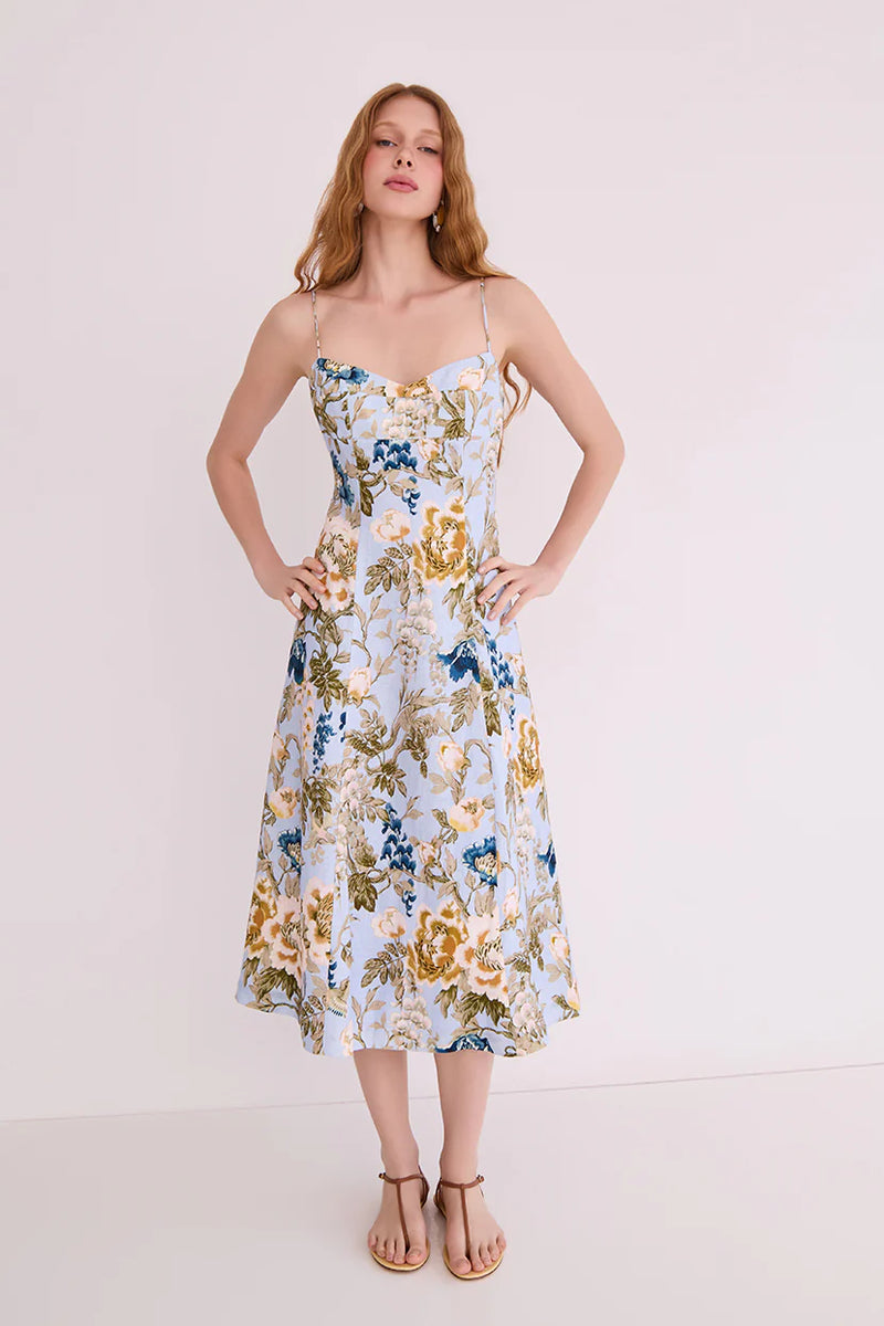 Cara Cara Cherry Dress - Flora Meadow Light Blue paneled midi dress front view