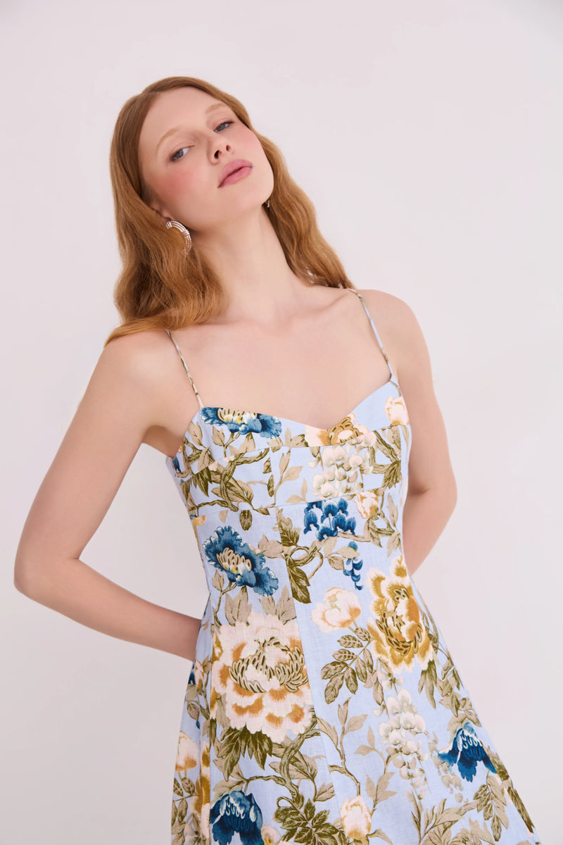 Cara Cara Cherry Dress - Flora Meadow Light Blue midi dress lifestyle view
