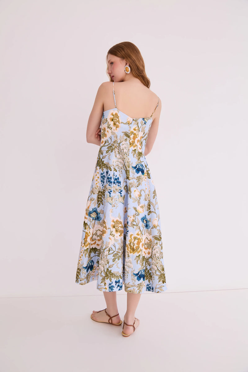 Cara Cara Cherry Dress - Flora Meadow Light Blue midi dress editorial view