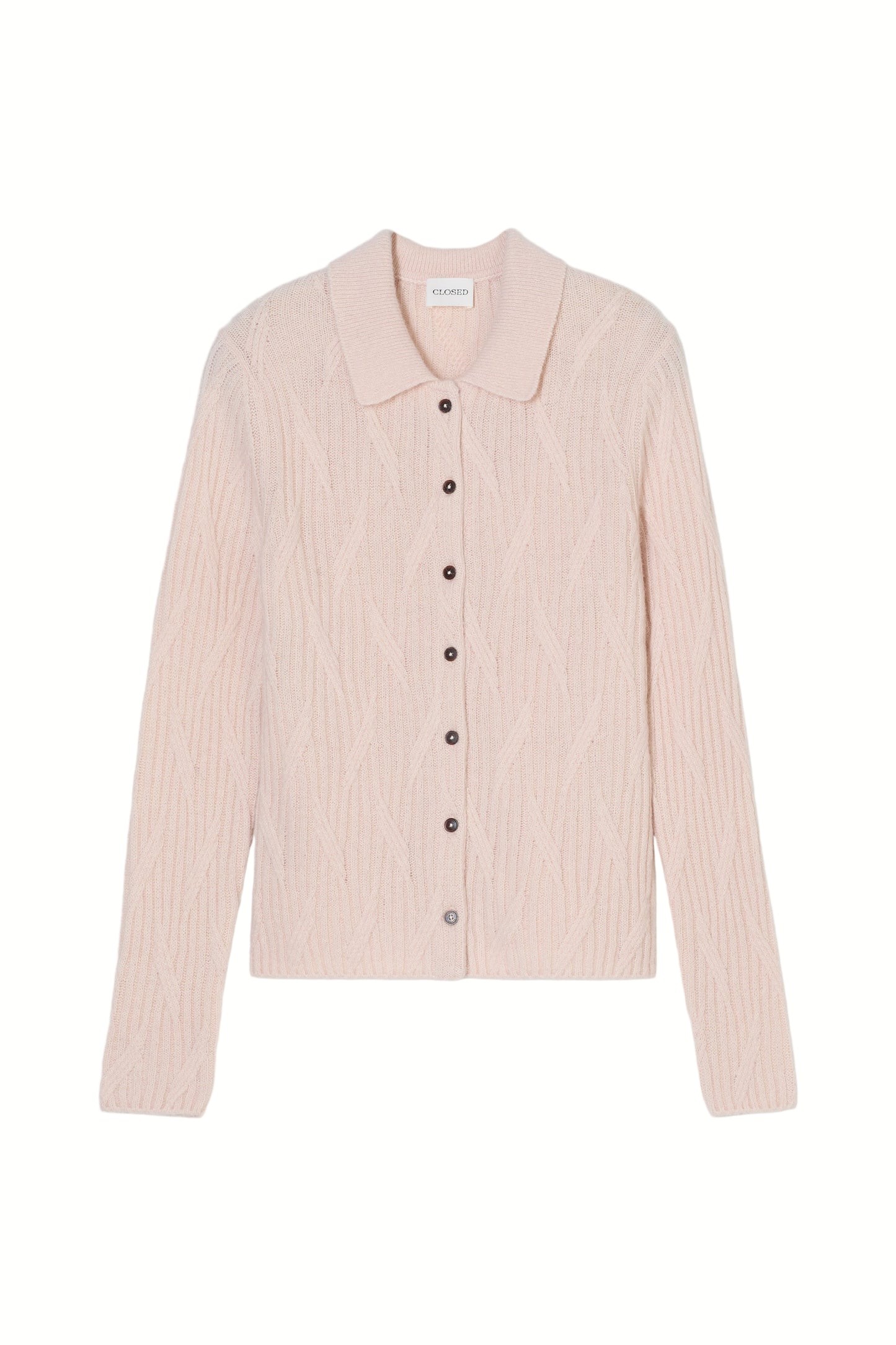 Light pink ribbed knit cardigan on a white background