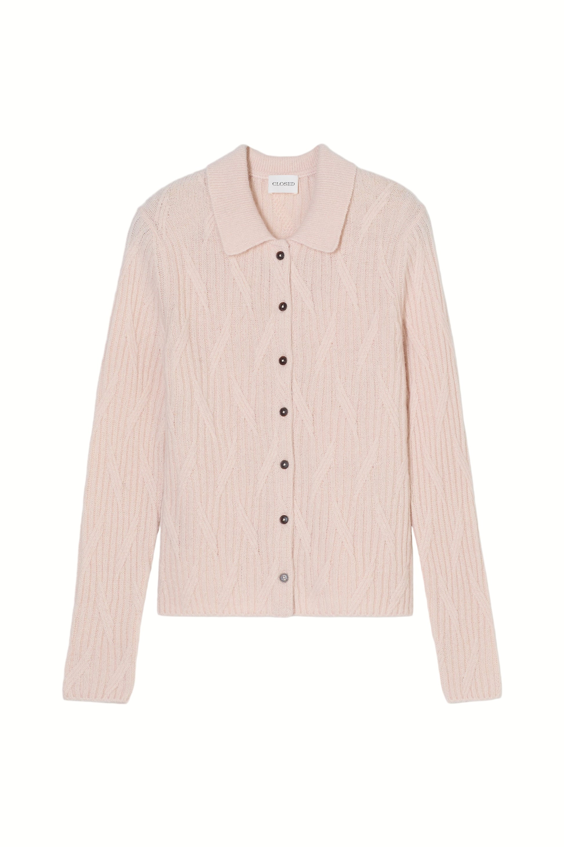 Light pink ribbed knit cardigan on a white background