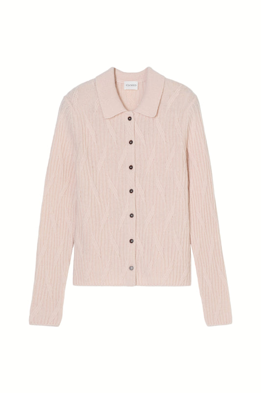 Light pink ribbed knit cardigan on a white background