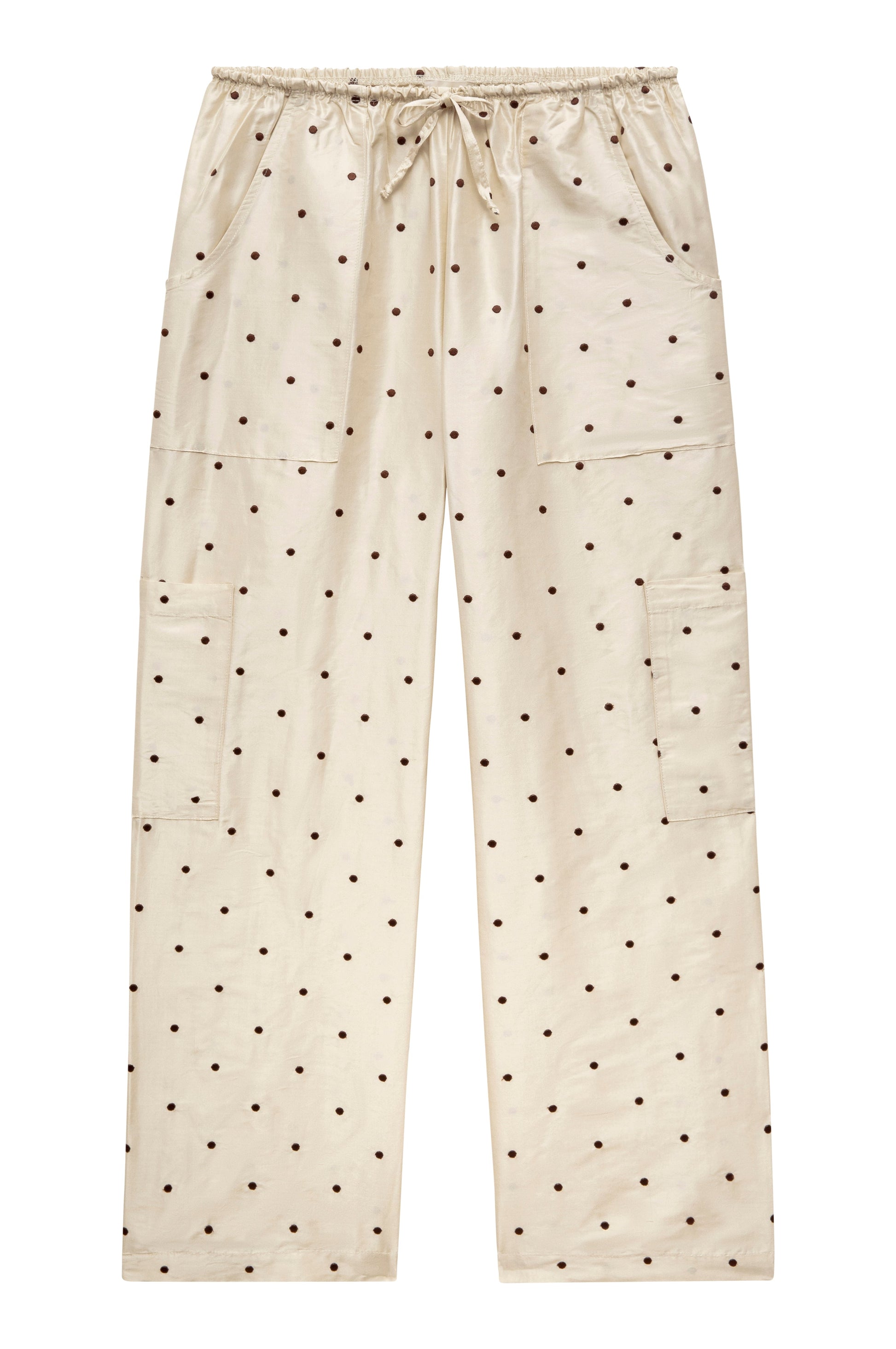 DONNI The Silk Taffeta Cargo Pant Creme with Walnut Polka Dots - pant available at Hiptique boutique in Woodland Hills California