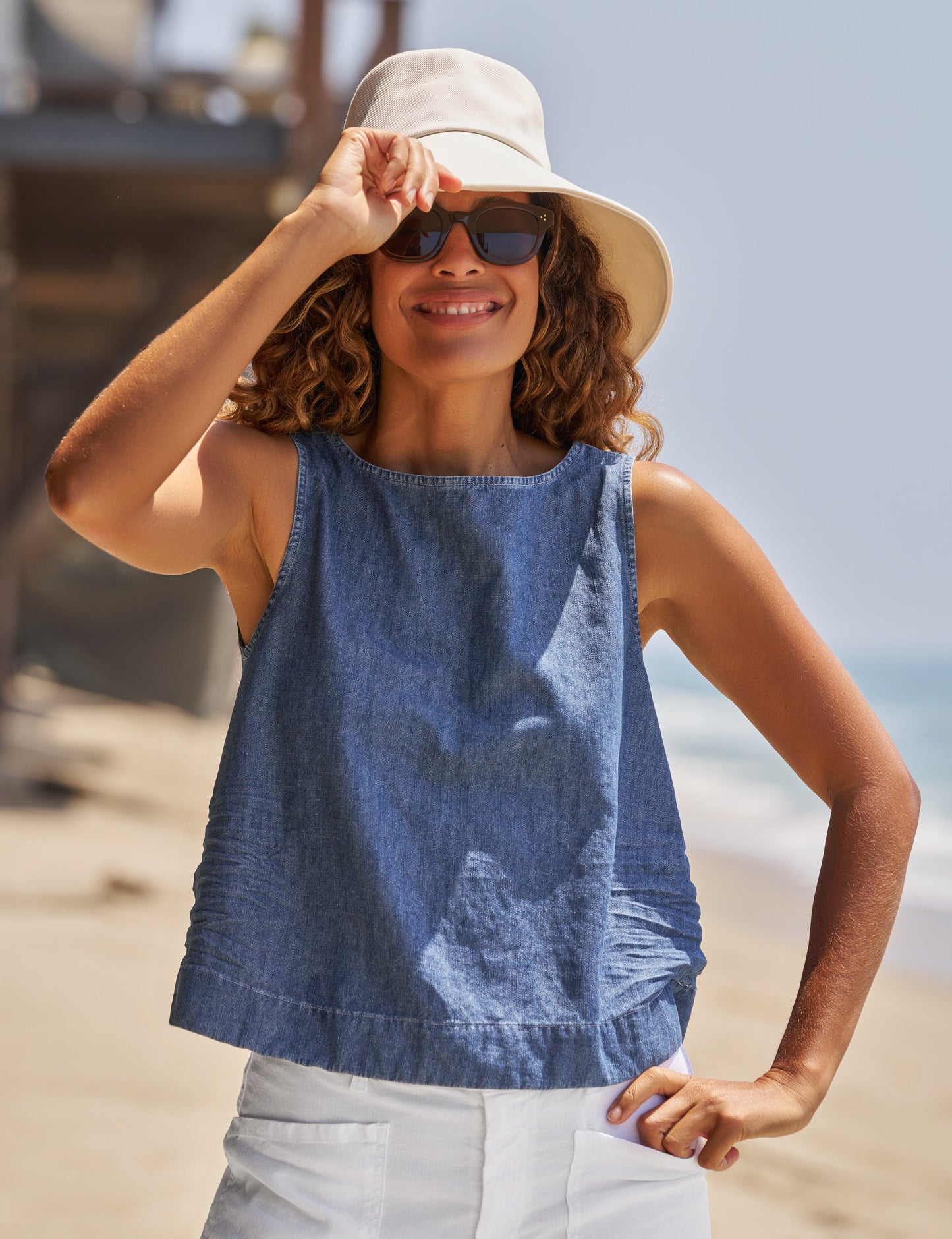 Frank & Eileen Shell Tank Distressed Indigo Washed Denim - tank available at Hiptique boutique in Woodland Hills California