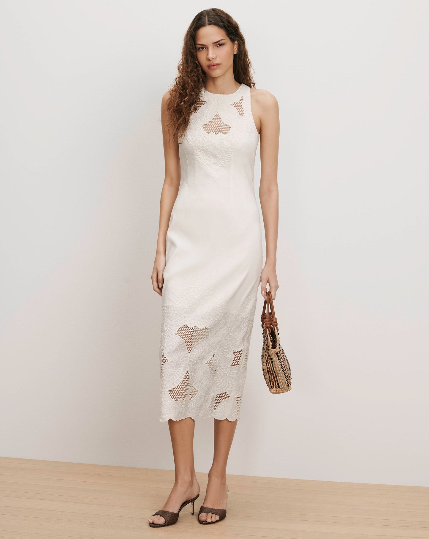Veronica Beard Upten Eyelet Midi Dress Dove White - women's stretch-linen sleeveless dress available at Hiptique boutique in Woodland Hills California