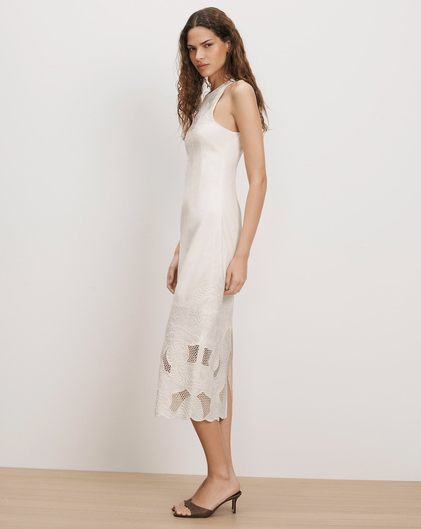 Veronica Beard Upten Eyelet Midi Dress - back view showing scalloped hem and back slit - Hiptique Woodland Hills