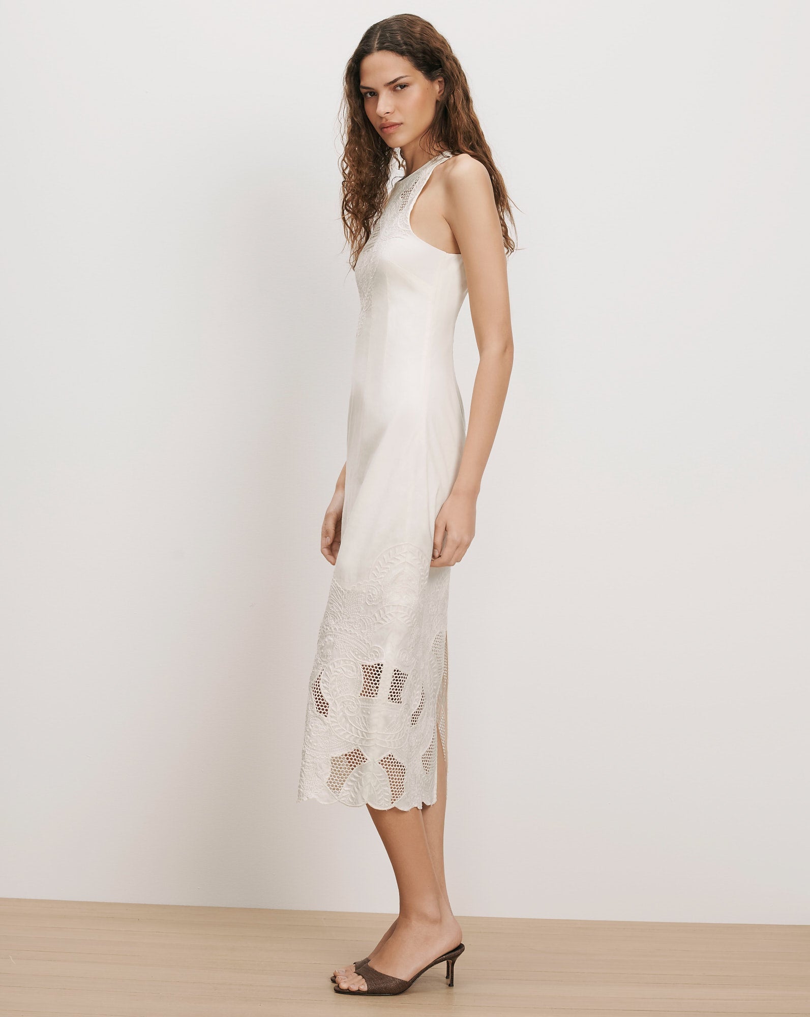 Veronica Beard Upten Eyelet Midi Dress - back view showing scalloped hem and back slit - Hiptique Woodland Hills