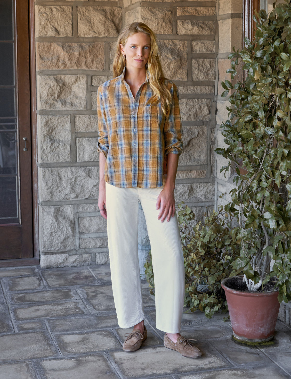 Frank & Eileen Untuckable Button-Up Shirt LPGB Gold Blue Large Plaid - shirt available at Hiptique boutique in Woodland Hills California