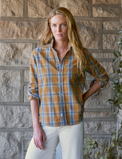 Frank & Eileen Untuckable Button-Up Shirt LPGB Gold Blue Large Plaid - shirt available at Hiptique boutique in Woodland Hills California