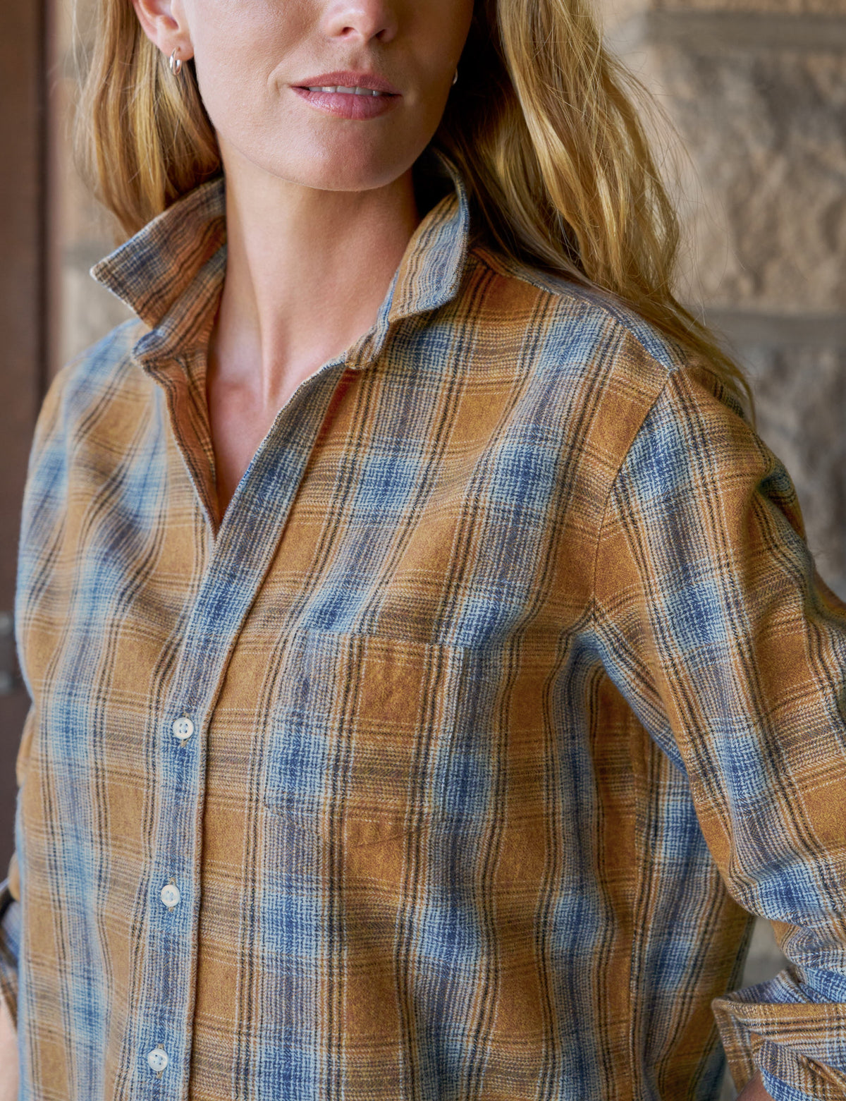Frank & Eileen Untuckable Button-Up Shirt LPGB Gold Blue Large Plaid - shirt available at Hiptique boutique in Woodland Hills California