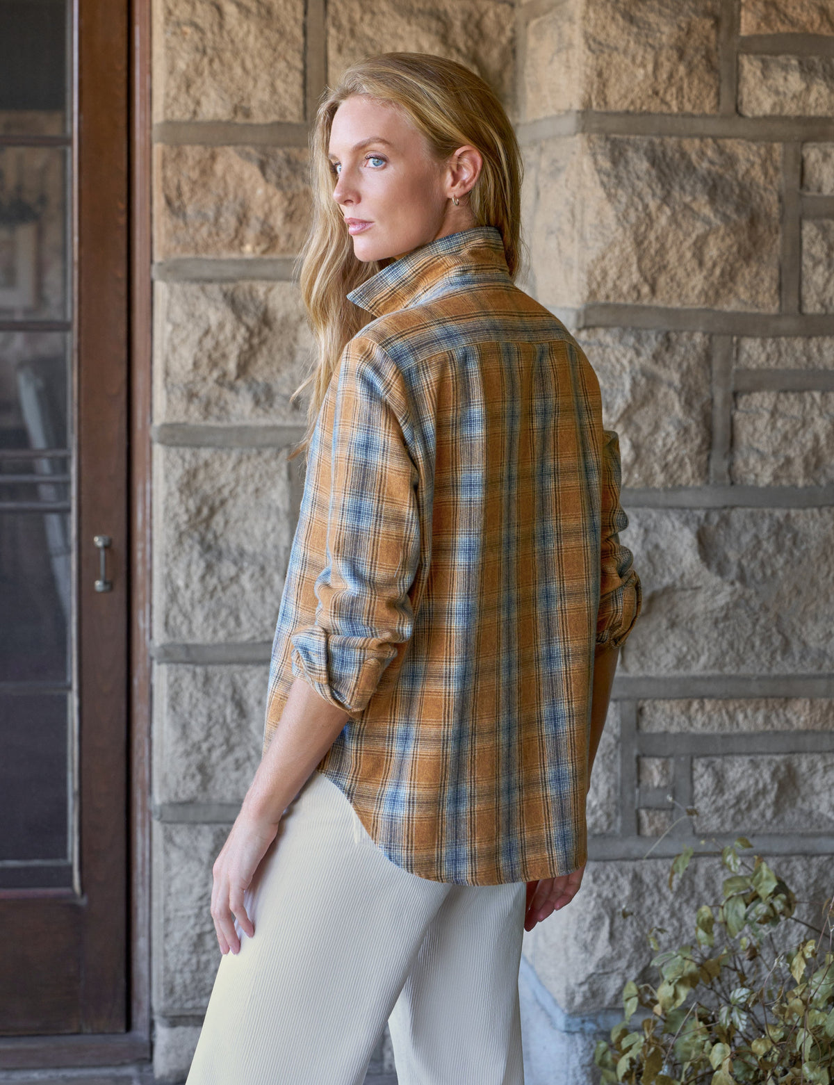 Frank & Eileen Untuckable Button-Up Shirt LPGB Gold Blue Large Plaid - shirt available at Hiptique boutique in Woodland Hills California