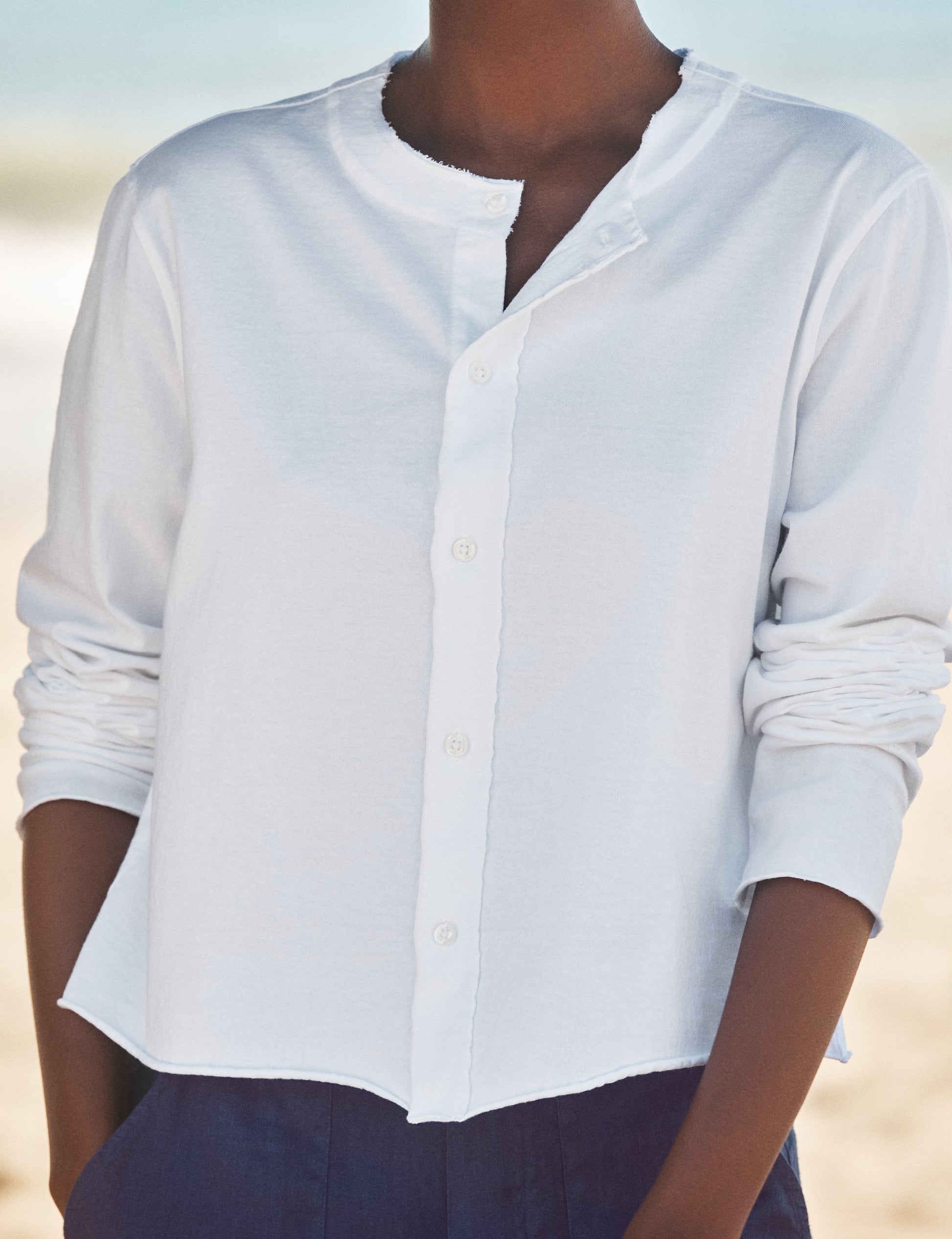 Frank & Eileen Jackie Cardigan White - detail raw edge hem - Hiptique Woodland Hills